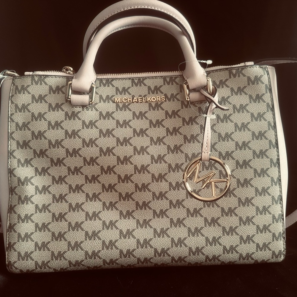 Michael Kors Beige/Light Pink MK Logo Satchel with Gold Charm